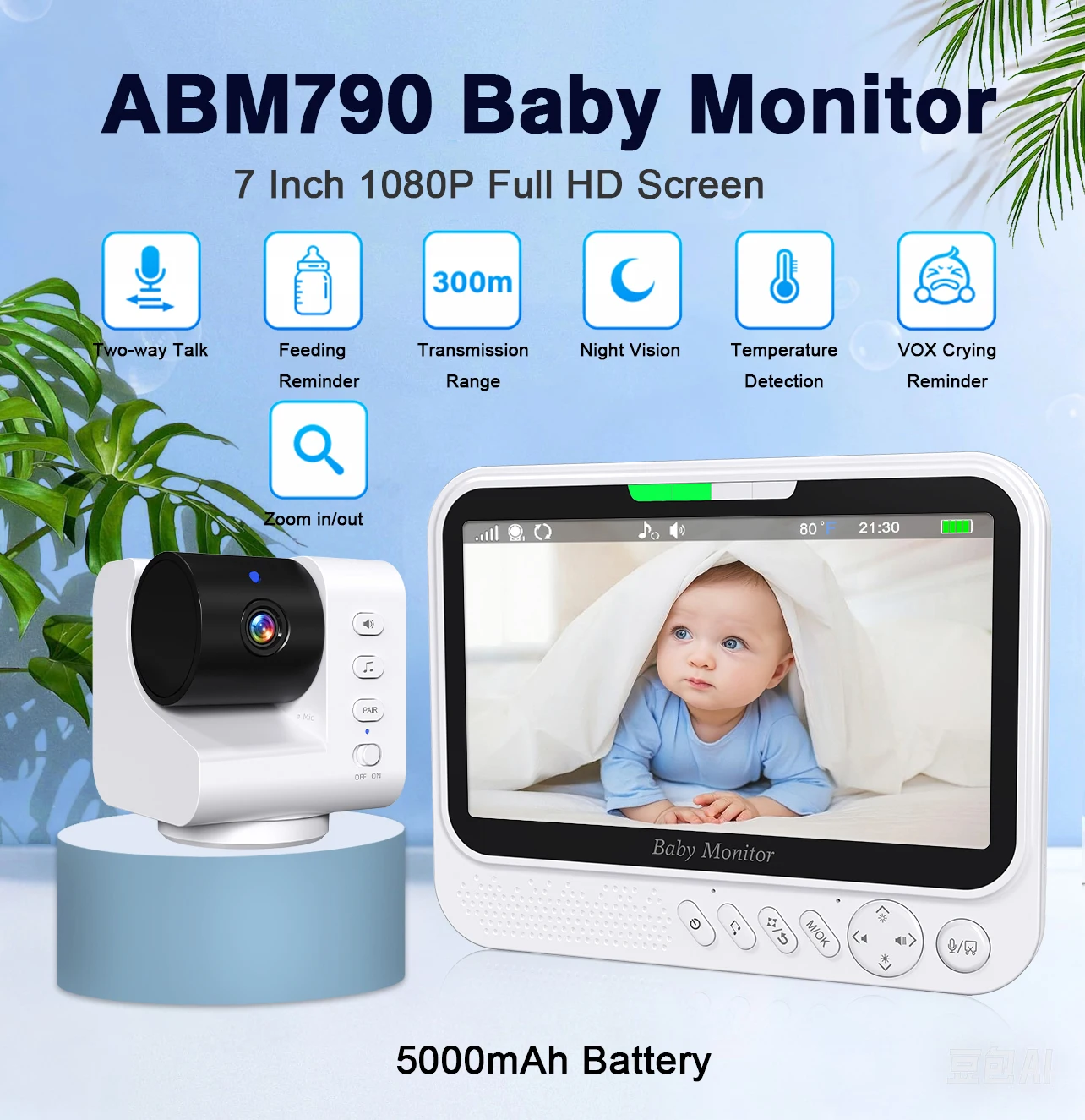 7 Inch HD 1080P Video Baby Monitor with 4X Zoom Video Cam No WiFi No APP Pan Tilt Zoom Camera Two Way Audio Night Vision 5000mAh