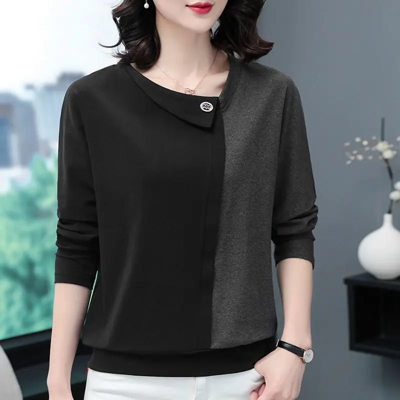 Office Lady Fashion Casual Patchwork Color Skew Collar Skinny Long Sleeved T-shirts Elegant Comfortable Wild Top Women Clothing