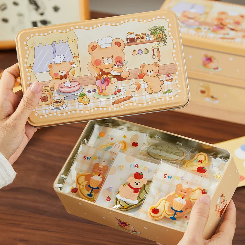 Cute Bear Cookies Storage Tin Box Large Empty Rectangular Metal Candy Desserts Packaging Box Home Coffee Sugar Sealed Container