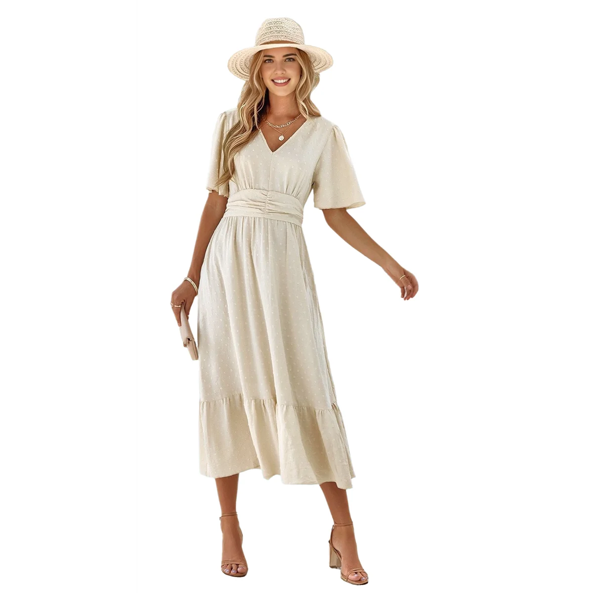 Dames zomerjurk met V-hals 2025, ruchemouwen, Zwitserse stip, Boho, vloeiende strandfeest, lange maxi-cocktailjurken