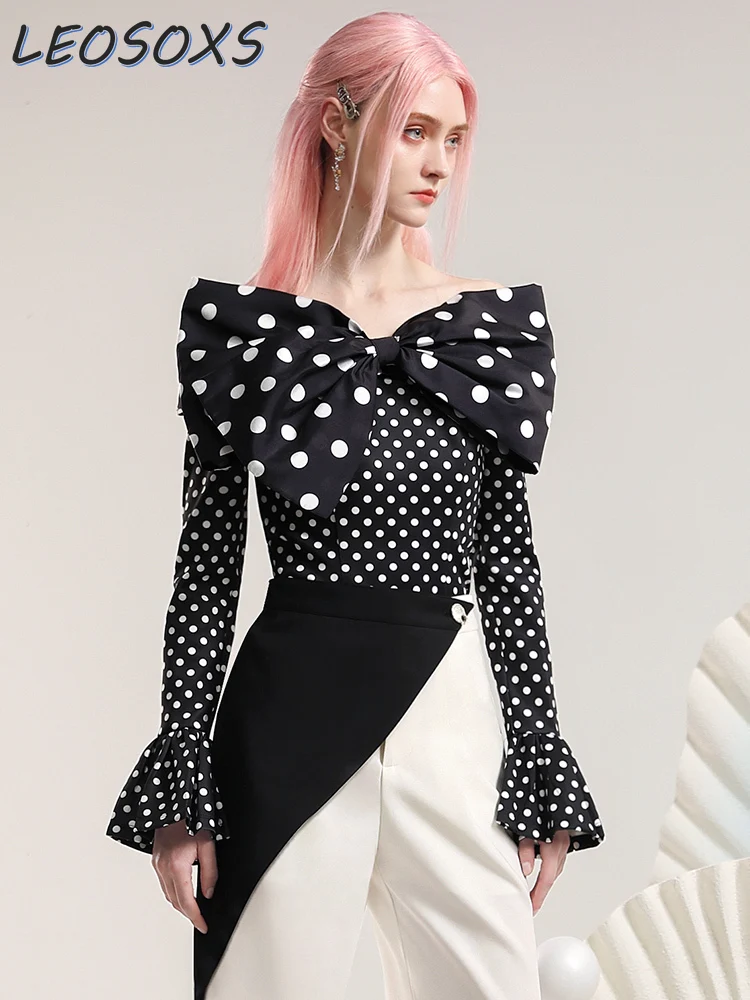 Designer Model Long Sleeve T-shirt Pants Two-Piece Set 2024 Spring Summer Polka Dot Top Irregular Color Matching Wide Leg Pants