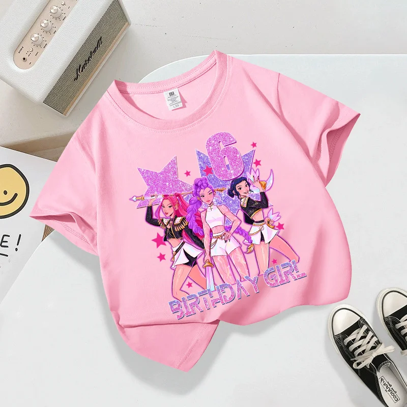 

Детская футболка Kpop Demon Hunters с номерами от 1 до 10 на день рождения, летняя футболка с короткими рукавами, хлопковый пуловер, фиолетовая, розовая футболка для девочек