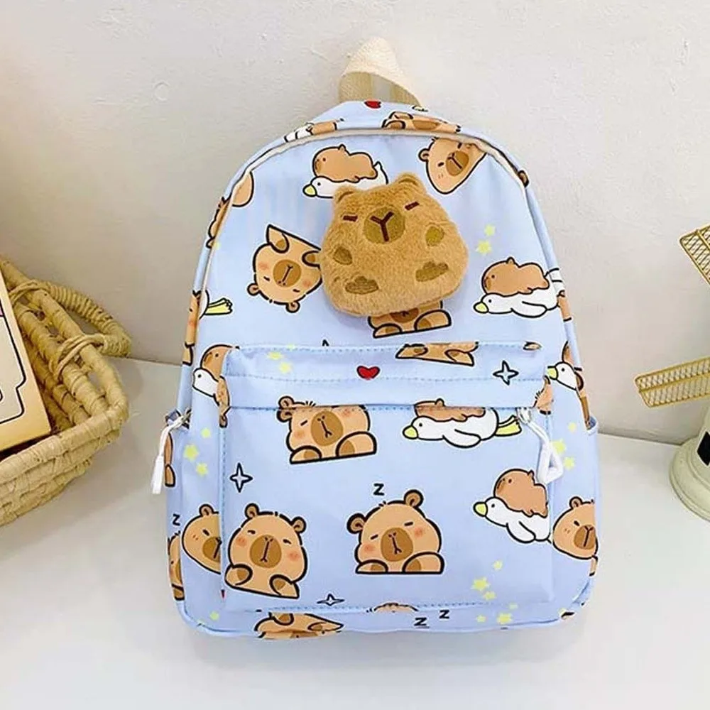 Doll Decoration Capybara Backpack Nylon Thickened Cartoon Animal Daypack Wide Straps Multi Functional Large Capacity School Bag