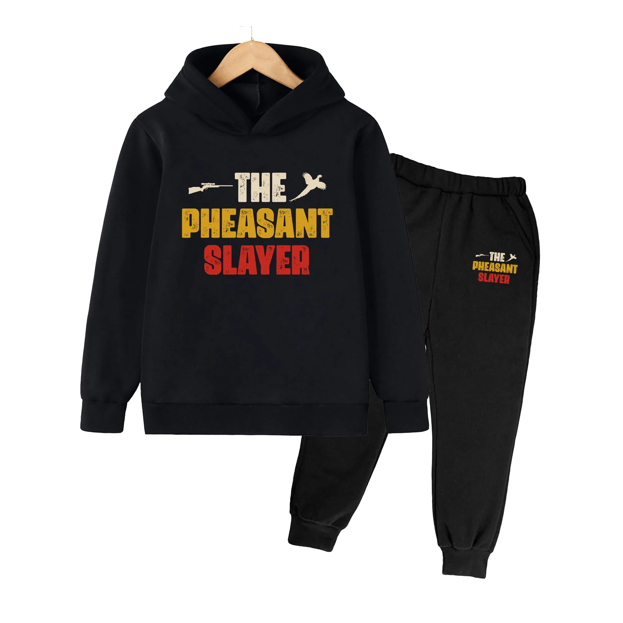Kids Hoodie & Sweatpants Set, THE PHEASANT SLAYER Print Casual Sportswear for Boys Girls Hunting Outdoor