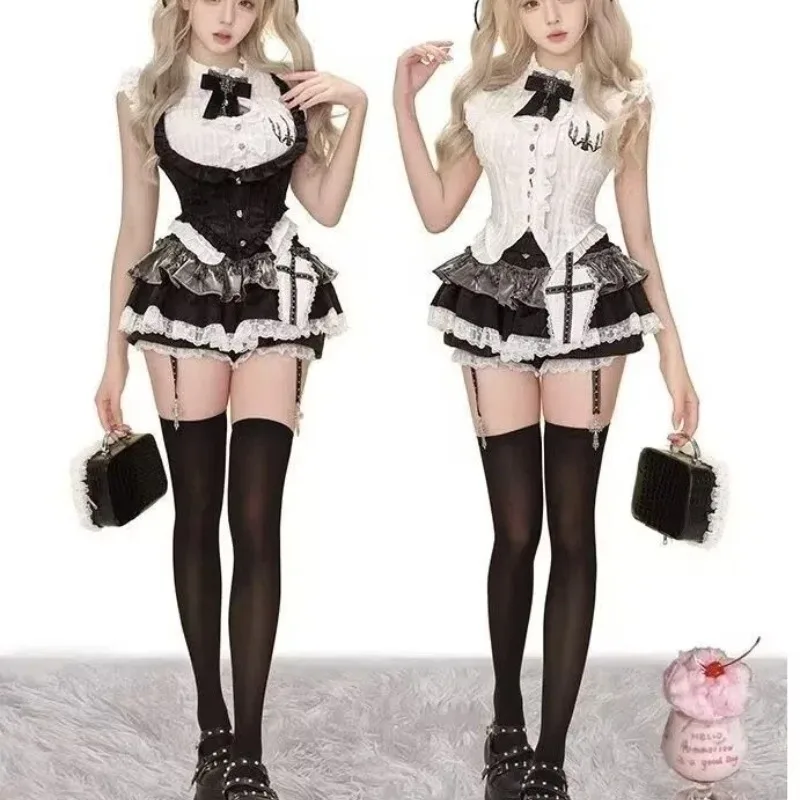 고딕 레트로 컬리지 스타일 슬림 여성용 의상, 리본 셔츠 + 레이스 베스트 + 미니 케이크 스커트, 신상 패션 스윗 빈티지 3종 세트 (2025)
