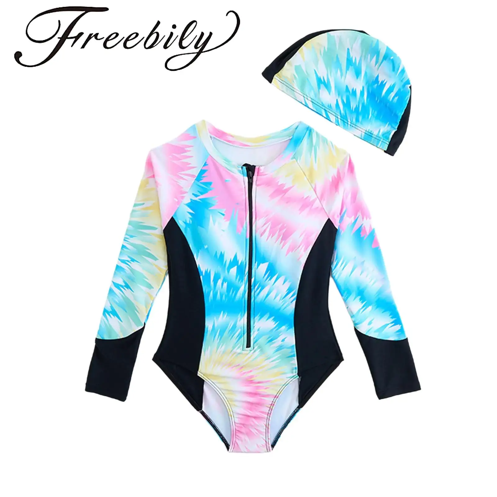 

Girls Summer Swimsuit Long Sleeve Front Zipper Jumpsuit Color Contrast Suit Swim Cap Hawaiian Printed Sun Protection Swimwear