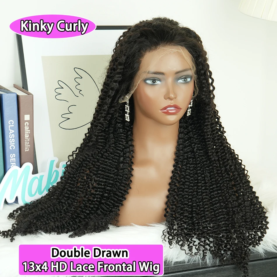 

Парик из натуральных волос Double Drawn Kinky Curly с HD-кружевом 13x4, предварительно выщипанный, плотность 200% 250%, полностью натуральные необработанные волосы