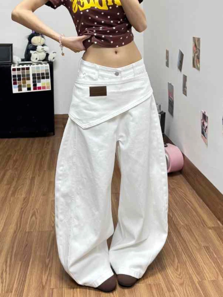 Women White Wrap Over Waist Baggy Jeans Detachable Flap Wide Leg Denim Pants Streetwear  Casual Daily Outfit For Ladies