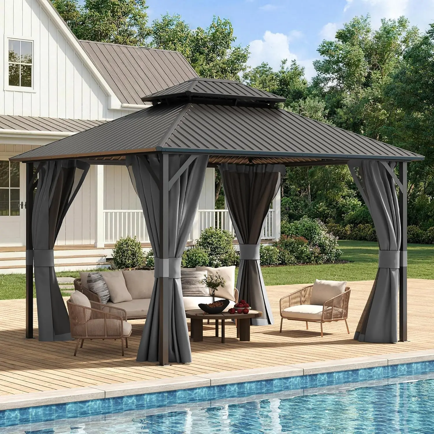 

Металлическая беседка 10'x12' с жесткой крышей, двойной кровлей из оцинкованной стали, стационарный павильон для столовой, на заказ