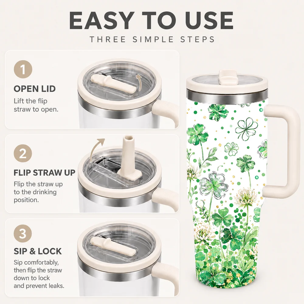 Lucky Four Leaf Clover Fabric Vacuum Flasks 40oz Insulated Tumbler With Handle Straw Lid Leakproof Stainless Steel Travel Cup