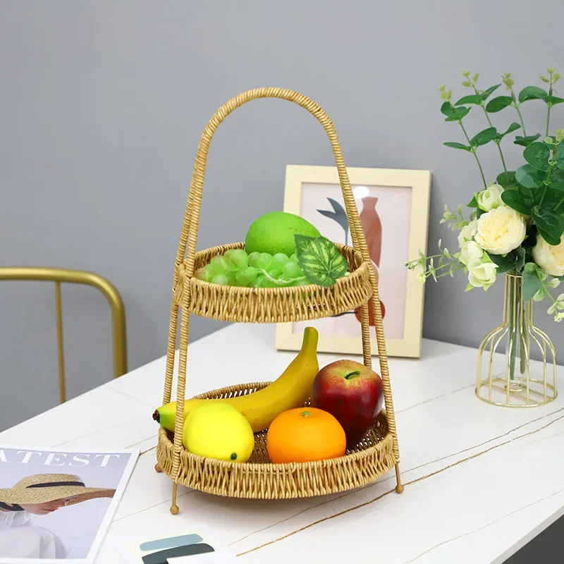 Two Layers Handwoven Bamboo Basket Imitation Rattan Woven Kitchen Storage KTV Hot Pot Restaurant Dim Sum Snack Fruit Bread Tray