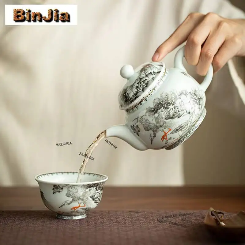 290ml Grisaille Painting Crane Teapot Antique Tea Infuser Pot Tea Soaking Kettle With Ball Hole Tea Ceremony Accessories Craft