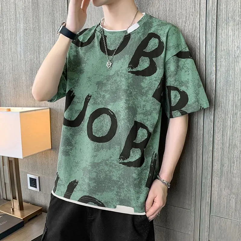 Fashion O-Neck Printed Spliced Fake Two Pieces T-Shirt Men\'s Clothing 2024 Spring New Casual Pullovers Loose Korean Tee Shirt