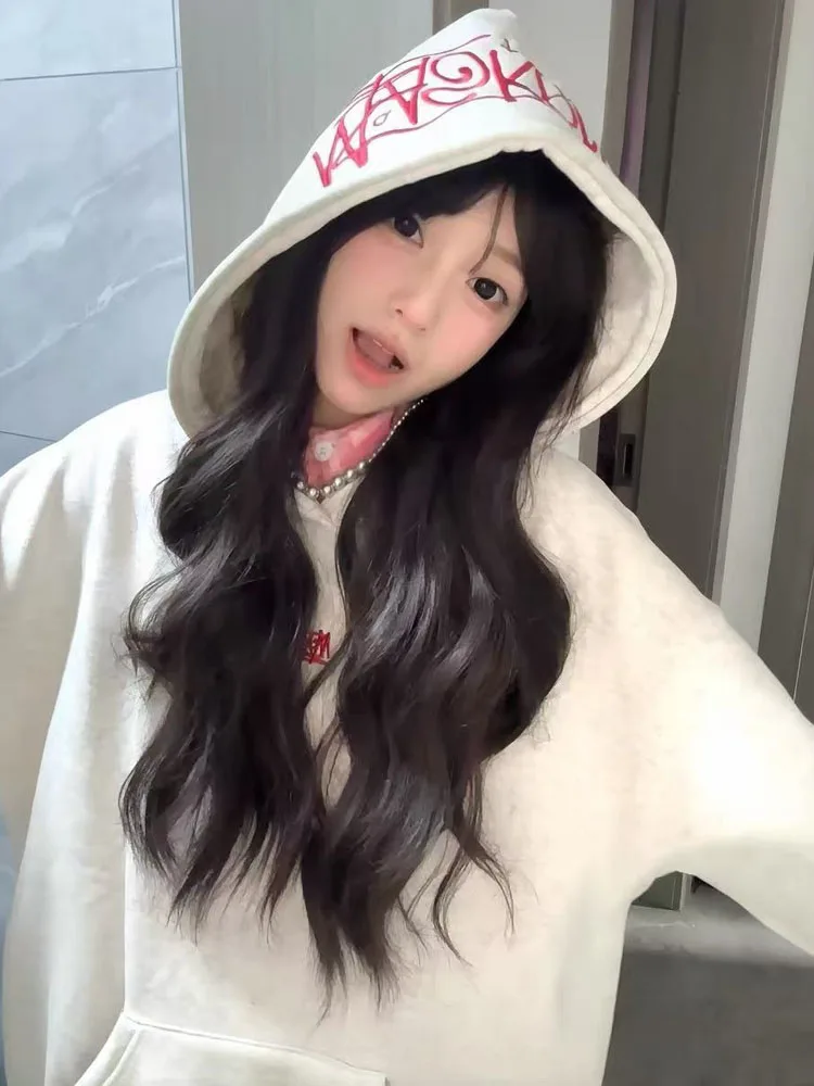 Retro American Letter Print Hoodie Women's New Fce Loose Versatile Top Korean Sle Long Sve Regular Fit Hooded Sweatirt