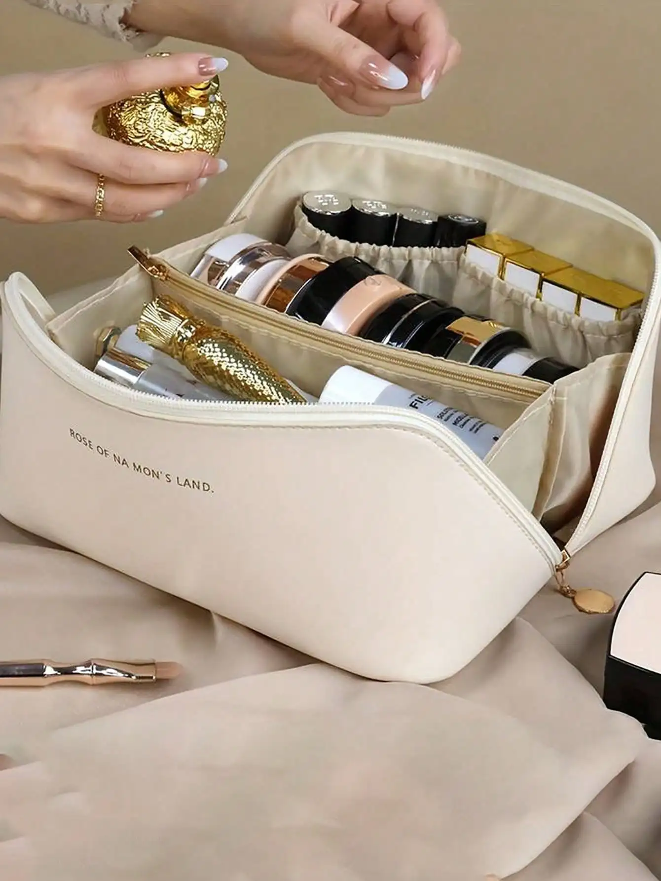PU Leather Waterproof Cosmetic Bag, Multi-Functional Travel Organizer Bag, Large Capacity Double-Layer Makeup Bag, Cosmetics Storage Bag, Skincare Pouch, Essential For College Travel And Holiday Trips, Women Makeup Bag