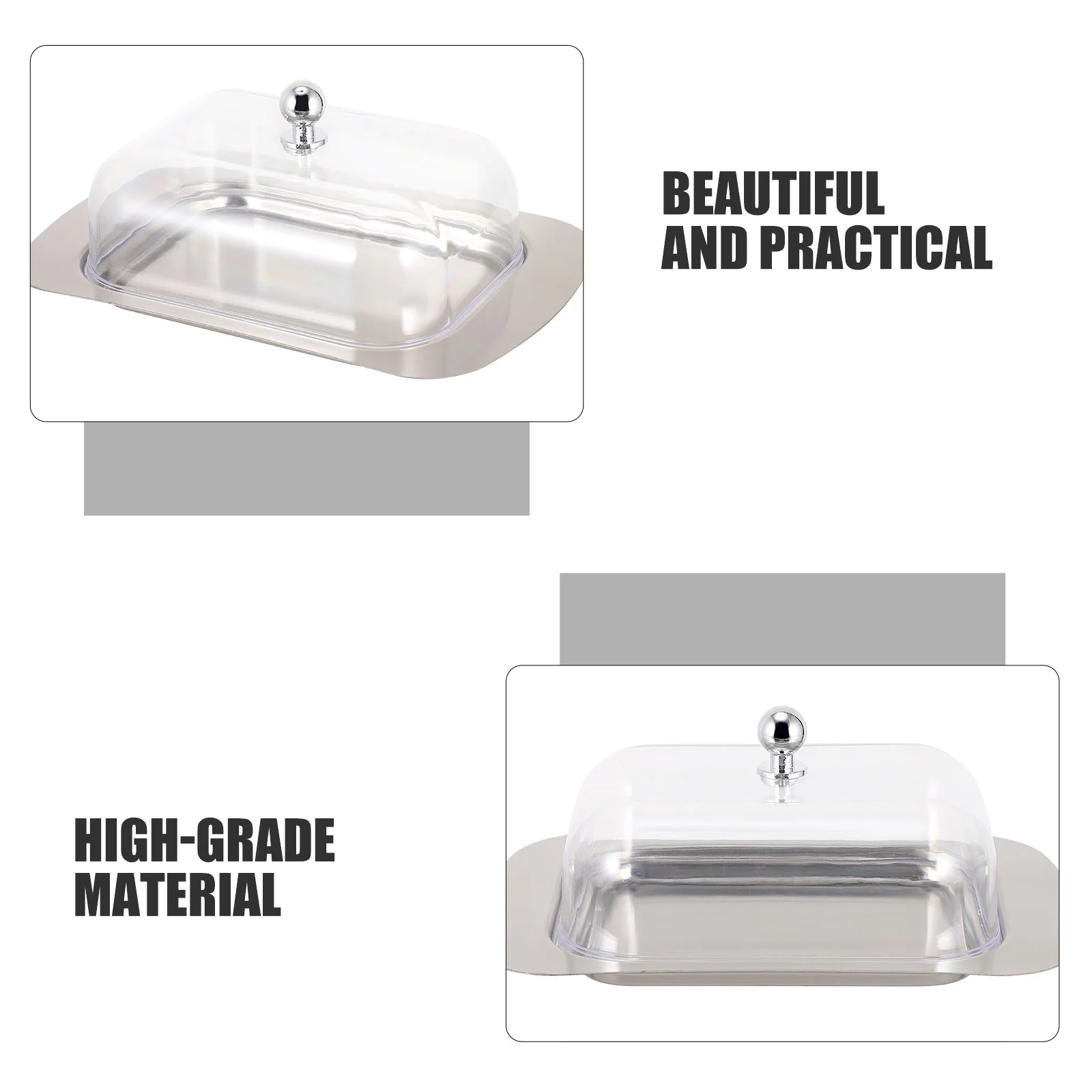 

1pc Stainless Steel Container Bread Butter Box Food Serving Plate With Clear Lid For Kitchen Household Multi-Functional