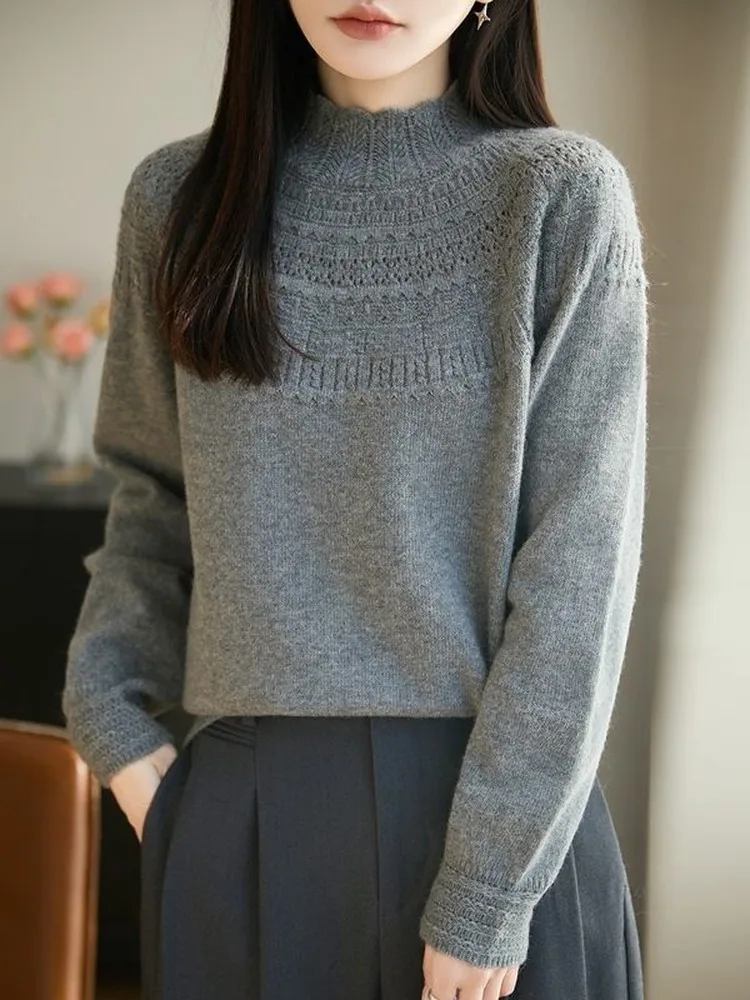 

Soft Sle Hollow out f High Collar Knitted Sweater Women's Faionable Loose Warm Base Layer Top Casual Loose Fit Knitwear