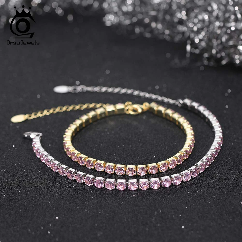 Imagem -03 - Orsa Jewels-925 Pulseira de Tênis de Prata Esterlina para Mulheres Cadeia Luxo Jóias de Festa Brilhante 4.0 mm Rosa cz Sb193