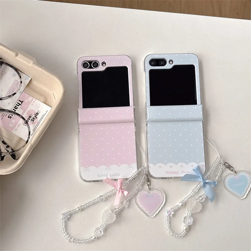 

Happy Day Bowknot Heart Chain Phone Case for Samsung Galaxy Z Flip 7 6 5 4 Protective Back Cover for ZFlip6 ZFlip7 Case Shell