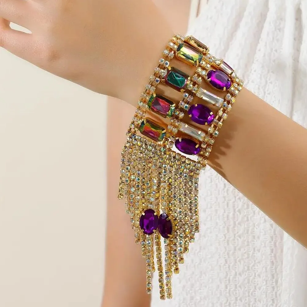 Shiny Crystal Mixed Color Square Oval Tassel Hand Bracelet for Girl Rhinestone Geometric Big Hand Chain Bangle Wristband Jewelry