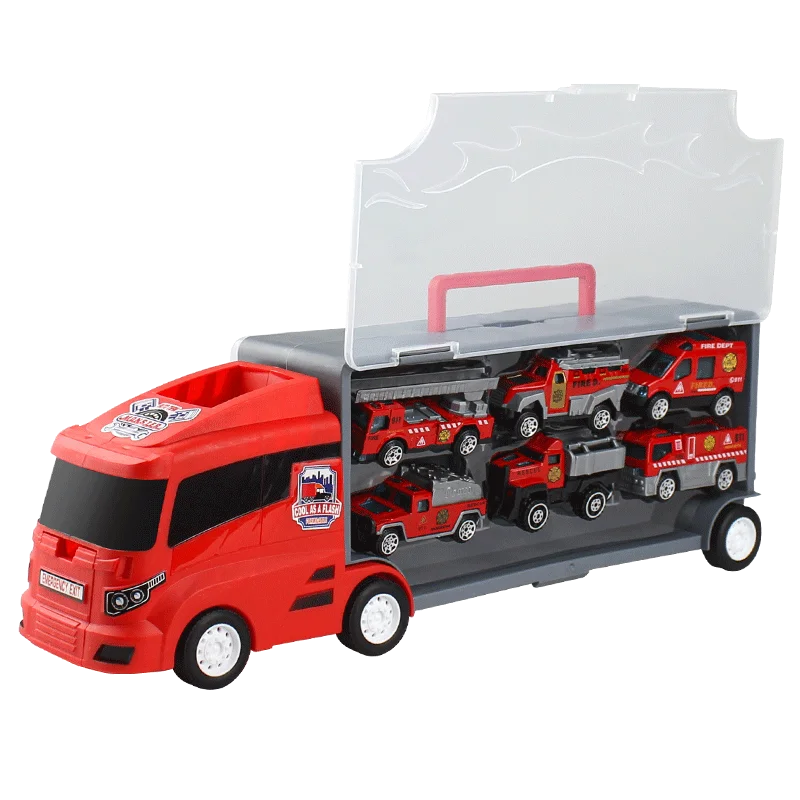 Children\'s Toy Police Model Alloy Container Truck Large Truck Fire Truck Storage Set Model Engineering Vehicle Boy Birthday Gift