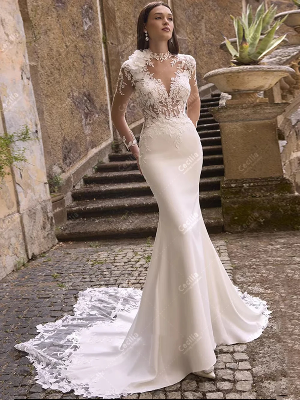 ชุดแต่งงานที่งดงาม ชุดเจ้าสาวสุดหรู ประดับด้วยลูกไม้ ชุดคลุมที่สวยงาม แขนยาว สวยงาม สามารถปรับแต่งได้ ชุดเจ้าสาว