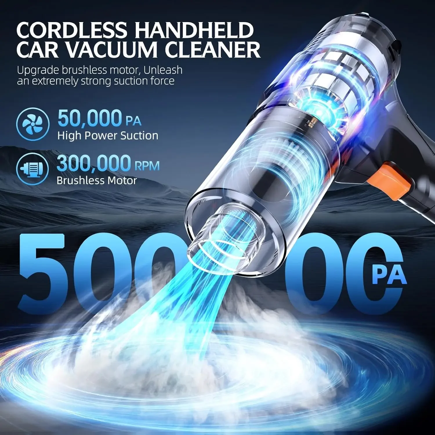 Car Vacuum Portable Cordless, 50000Pa Strong Suction Brushless Motor, Handheld Vacuum with 2 Batteries & Charger, 6-in-1 Recharg