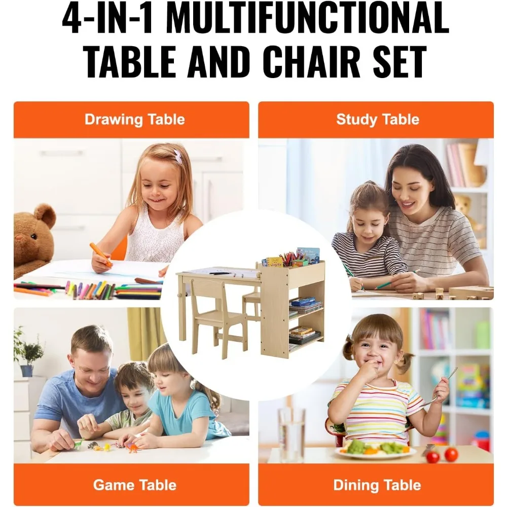 طاولة فنية للأطفال مع كرسيين، مجموعة أنشطة لعب الحرف اليدوية 2 في 1 مع خزانة تخزين للتعلم