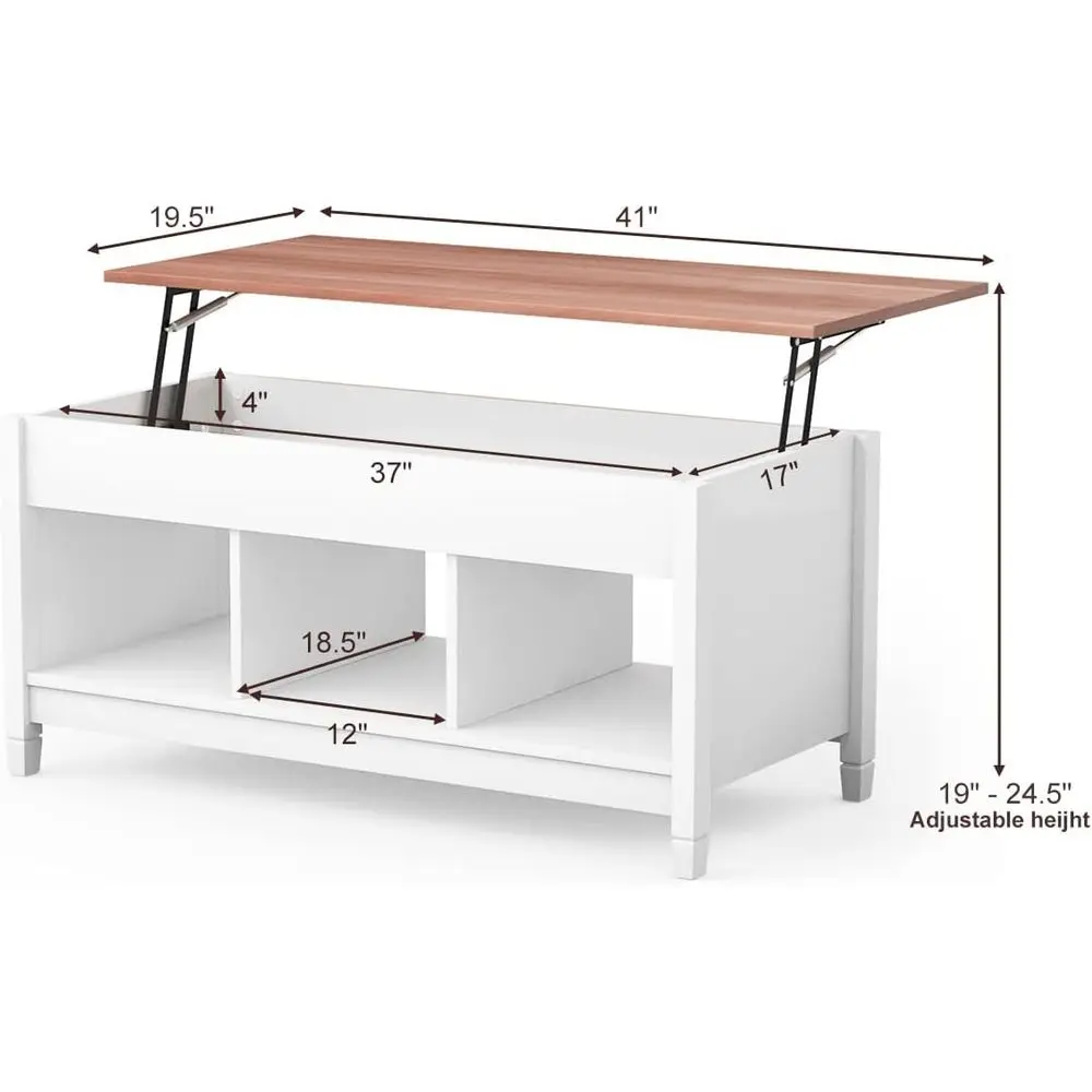 Hidden Compartment & Open Shelves Coffee Table, Modern Storage Table, Accent Lift-Top Table for Living/Reception Rooms (White)