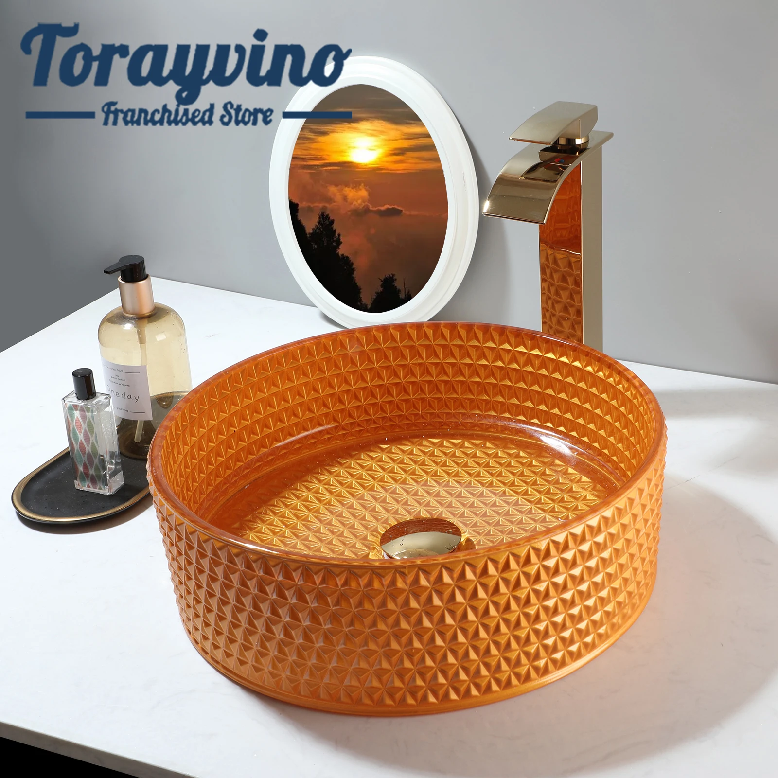 Torayvino Unique Orange Bathroom Glass Basin Set Wite Golden Faucet Diamond pattern Lavatory Waterfall Outflow Mixer Tap Faucet