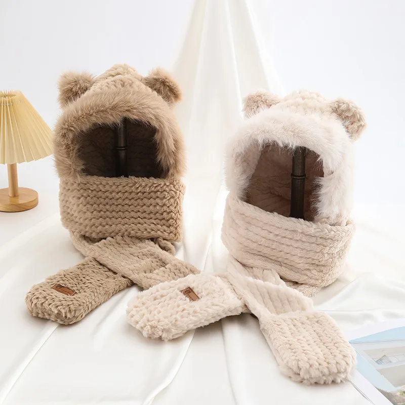 

Winter Thick style Women's Three-Piece Set Cute Hooded Scarf Integrated Warm Gloves Ear Protection Biking Neck Warmer Hat