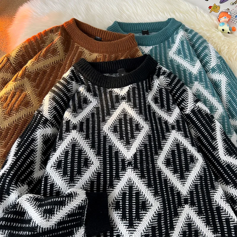 Nuovo maglione casual comodo caldo antivento con diamanti da uomo autunno inverno maglione pullover versatile casual di alta qualità all'aperto