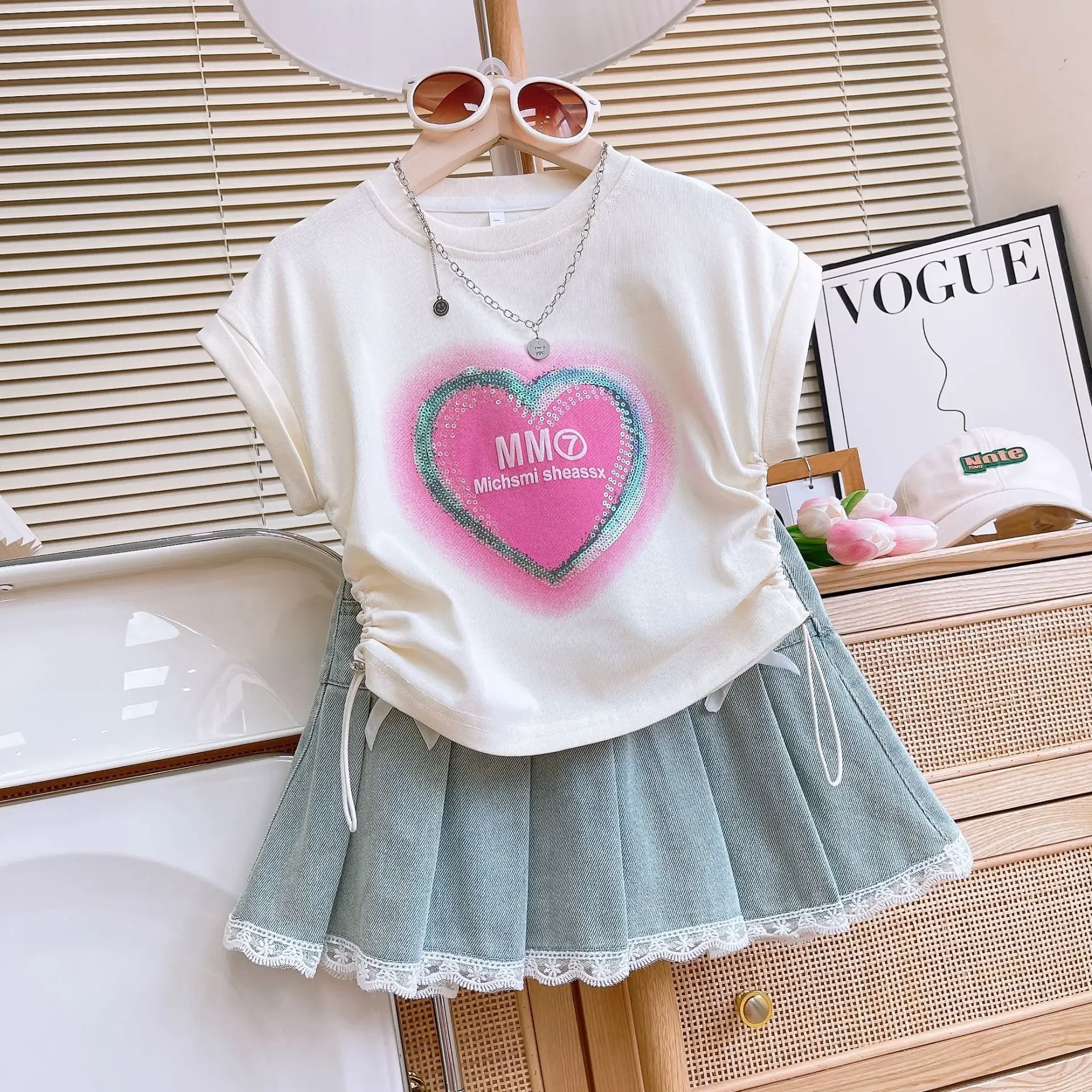 Children\'s Clothing Sets Sequin Heart Drawstring Short Sleeve + Lace Denim Pleated Skirt Sets Kids Clothes Girls 3 To 7 Years