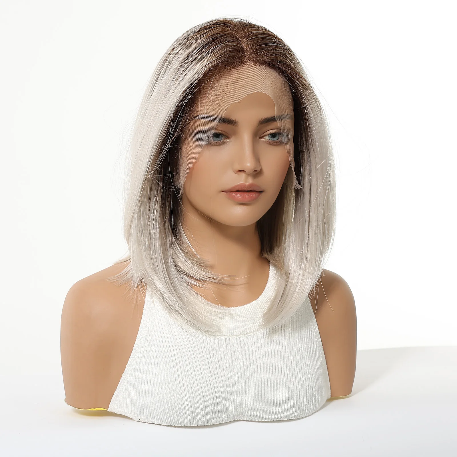 Ombre Blonde Platinum Lace Front Synthetic Wigs 12inch Bob Straight 13*6 HD Lace Wig for Women Daily Heat Resistant Hairline Wig
