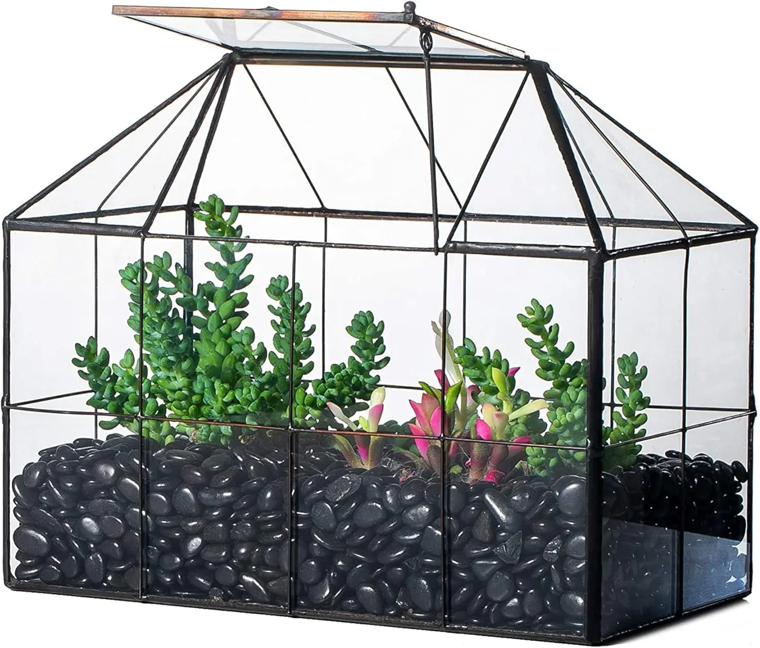 

Glass Terrarium Planter with Lid for Small Succulent Cacti, Grid House Shape Black Geometric Terrarium Pot, Home Garden Ind