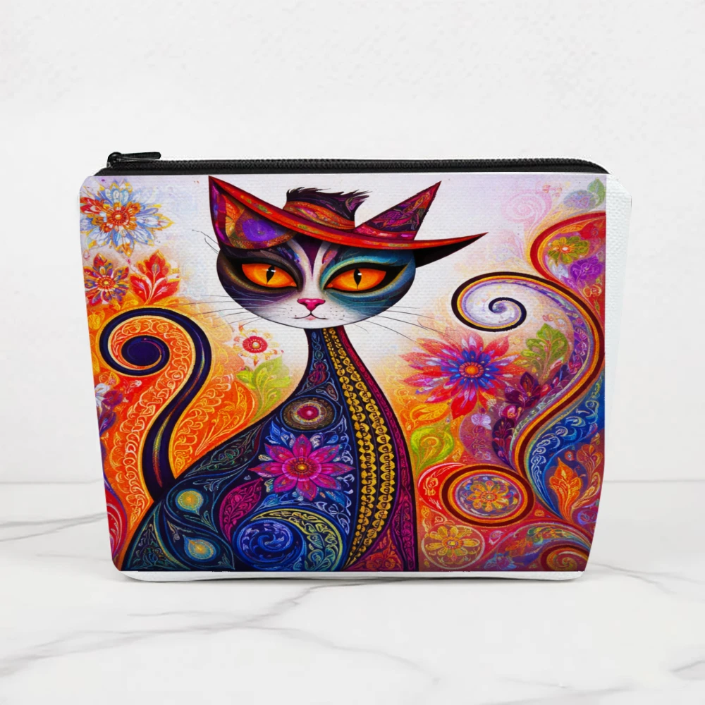 Colorful Cat With Floral Patterns Makeup Bags for Girls Cosmetic Pouch Toiletry Bag Pencil Case Travel Storage