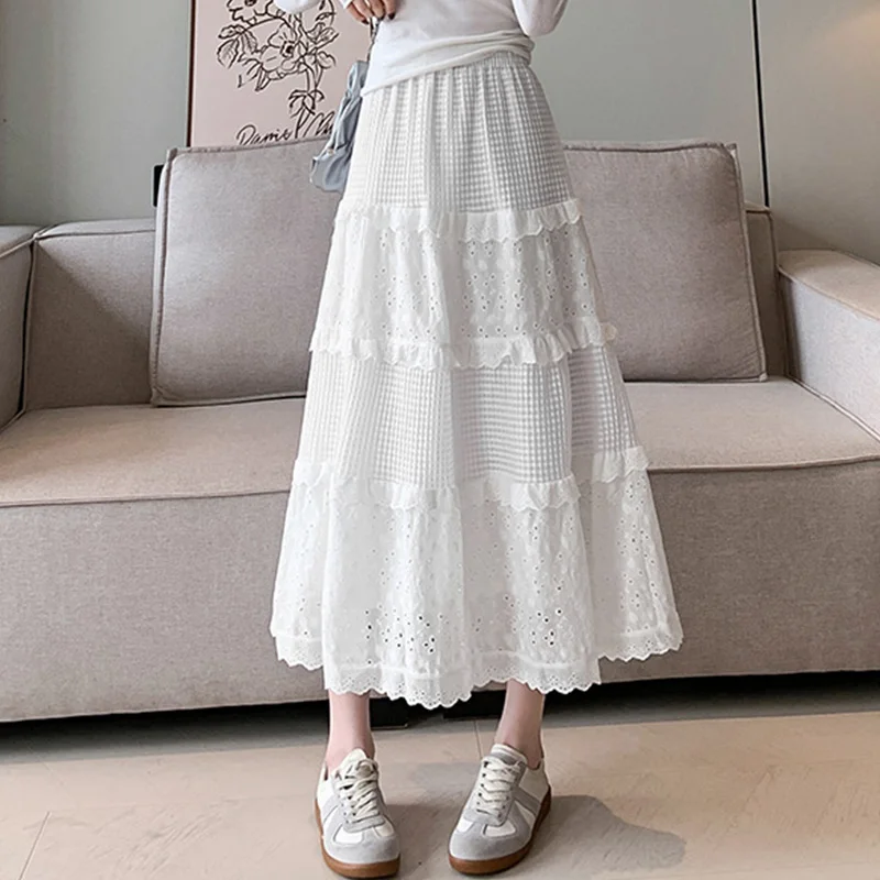2023 neue Spitze Gefaltete Röcke für Frauen Frühling Herbst Weiß Hohl Hohe Taille Röcke Frau Elastische Taille A-linie Rock Mujer
