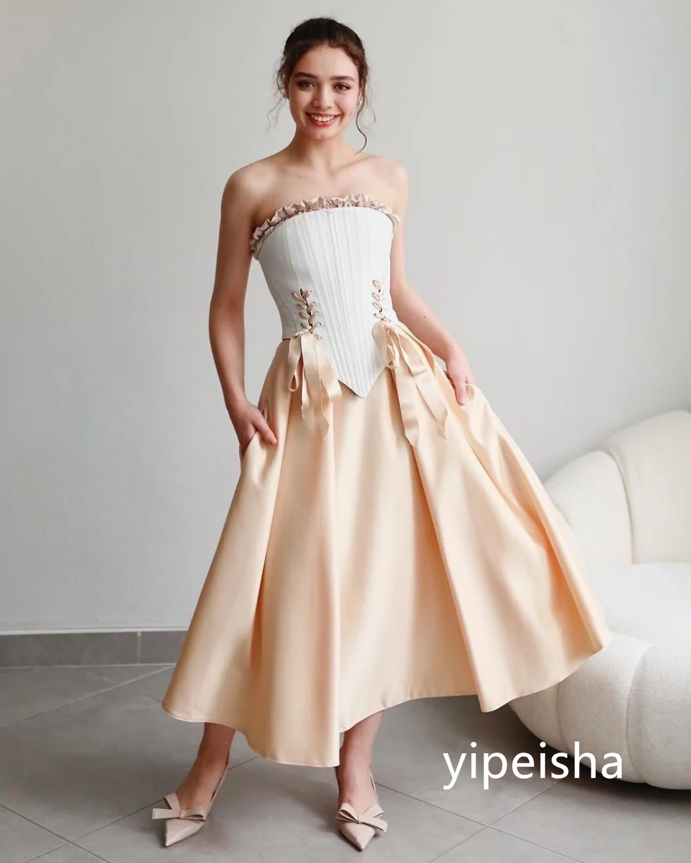 Matching A-line Strapless Midi Dresses Homecoming  Classic Exquisite Modern Style Pastrol Unisex Chinese  Formal