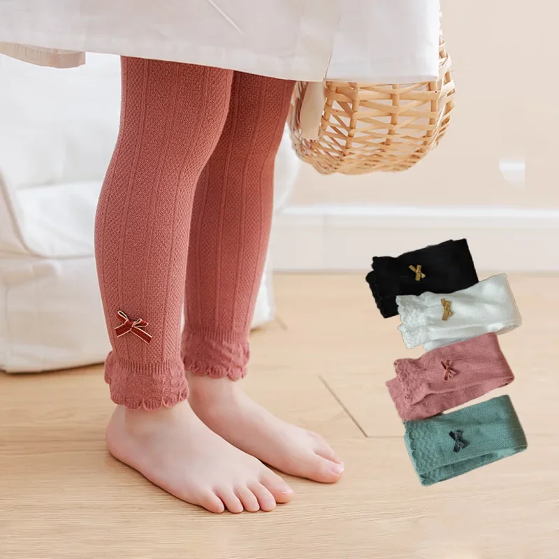 

Children's Leggings Girls' Spring and Autumn Thin Pantyhose Korean Version Bow Girl Wearing Long Pants White Cropped Pants