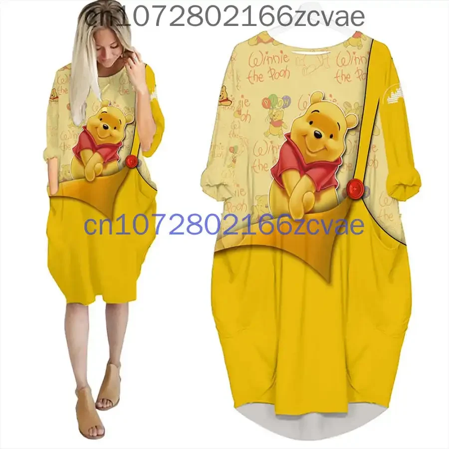 

Disney Women's 3D Batwing Pocket Dress Winnie The Pooh Oversize Fashion Street Girls Pullover Long sleeved Dress