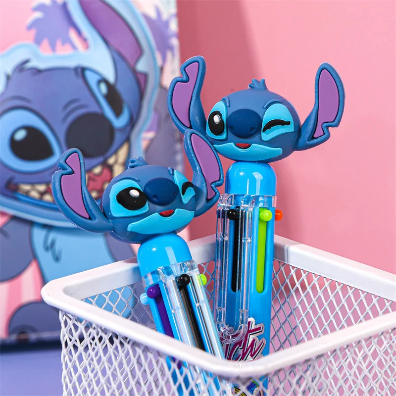 Disney Stitch 6 Color Ballpoint Pen Cartoon Kawaii Anime Press Ballpoint Pen Note Color Mark Children Stationery School Supplies