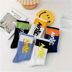 5 Pairs Of Men's Trendy Creative Letter Pattern Color Block Crew Socks, Breathable Comfy Casual Unisex Socks For Men's Outdoor