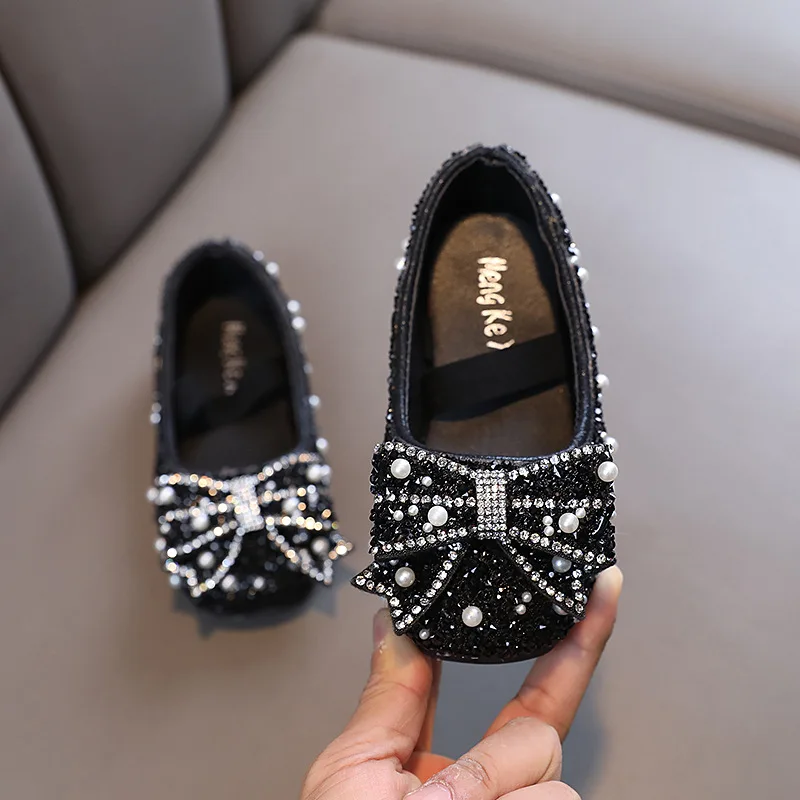 Girls Leather Shoes New Fashion Sequins Bling Bow Baby Girl Shoes Soft Bottom Kids Princess Party Dance Performance Shoes H791