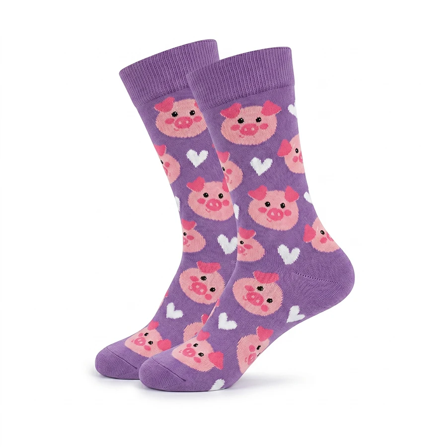 1 Pair, Unisex, Light Purple Base with Pink Pig Face and White Heart Pattern, Solid Color Ribbed Cuff, Polyester, Breathable, Fun, Mid-Calf Socks, Suitable for Everyday Wear
