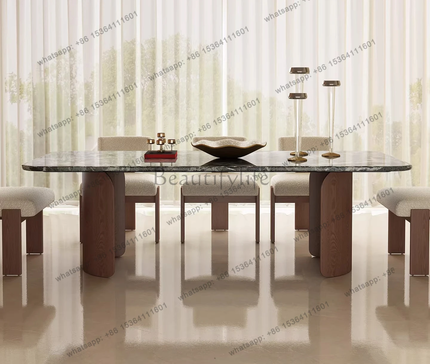 Green natural luxury stone rectangular medieval style dining table minimalist high-end marble
