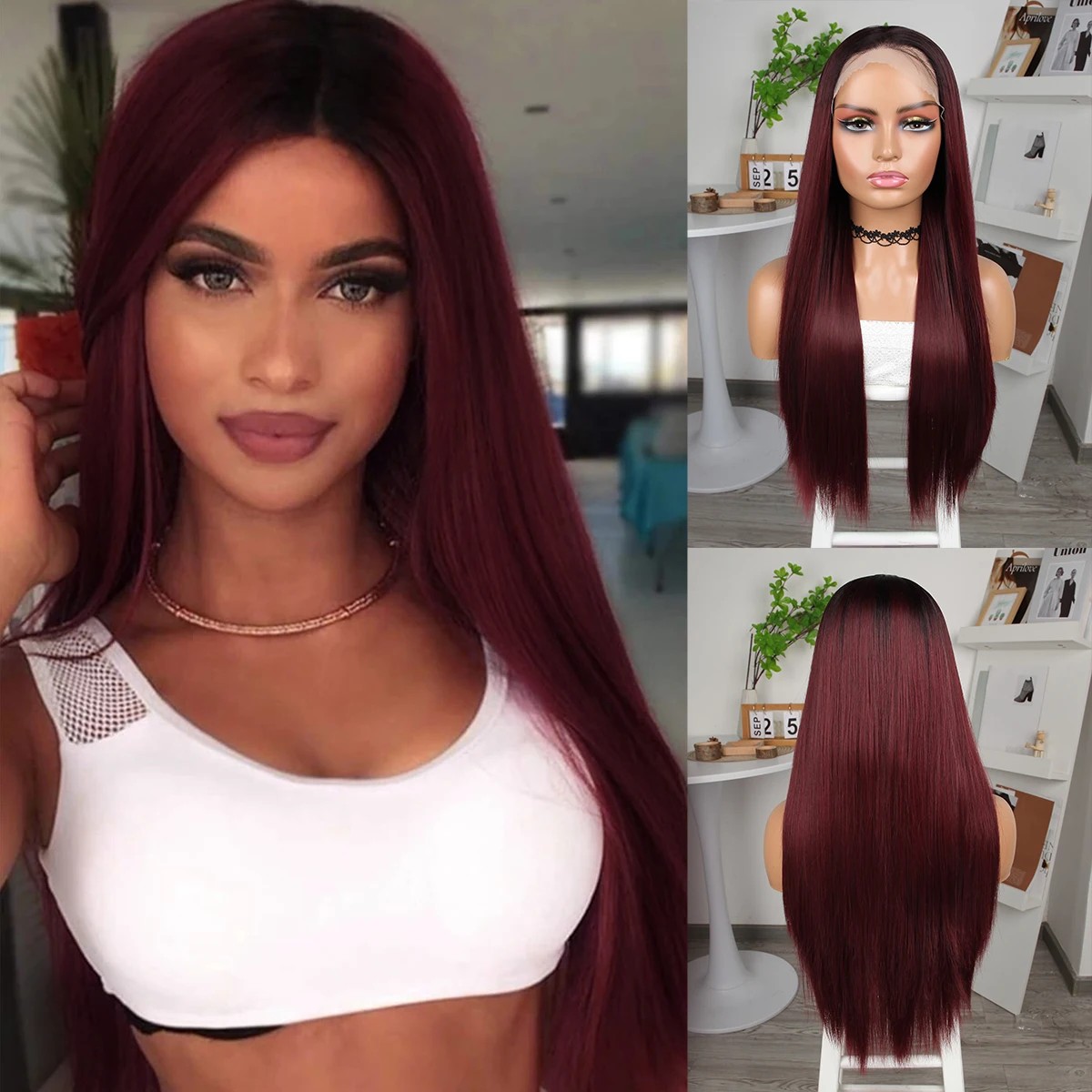 13*4 frente do laço 26 polegada perucas de renda sintética peruca de cabelo reto vinho vermelho feminino elegante sedoso boa textura moda resistente ao calor