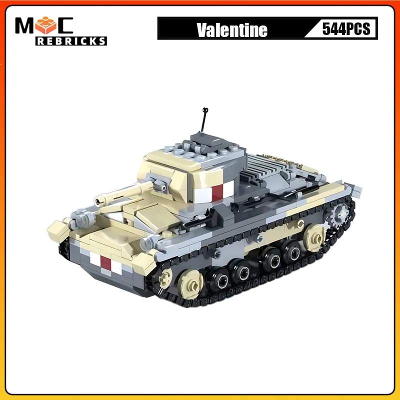 WW2 British Military Weapon Valentine Infantry Tank Tracks Armored Vehicle MOC Building Blocks Assembly Model Kids Bricks Toys