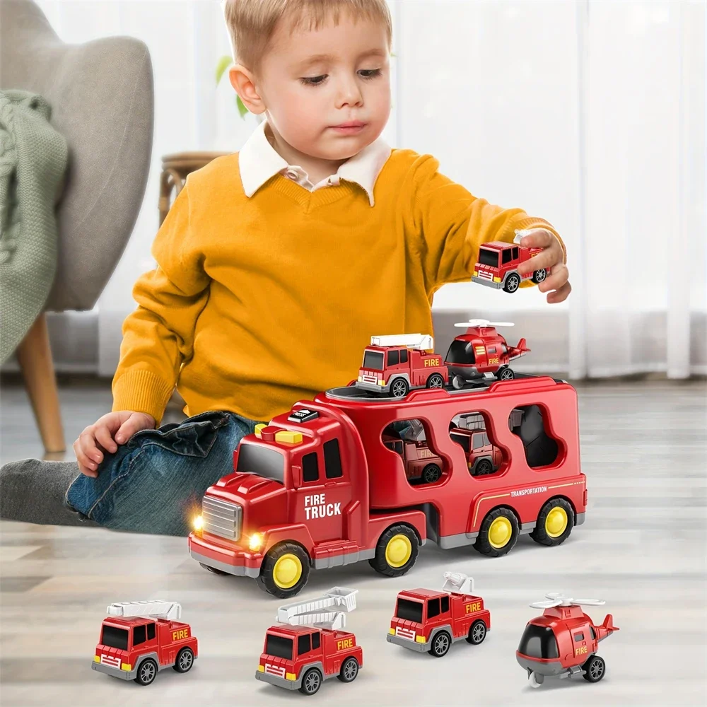 Conjunto de carro de brinquedo para crianças, motor de incêndio para meninos e meninas, caminhão transportador, carros de bombeiro, veículo elétrico de fricção