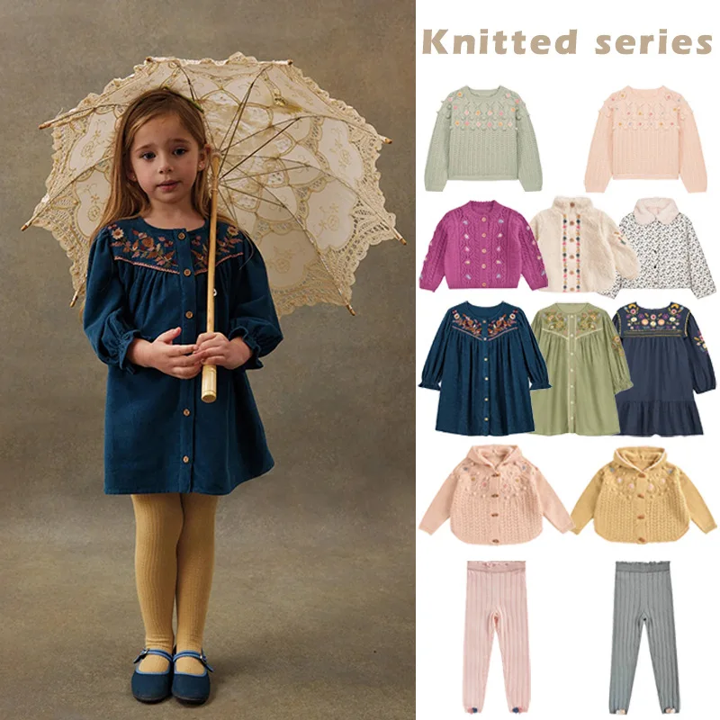 

Girls' Dress 2025 Fall New Arrival Floral Embroidery Long-Sleeve Dress Pure Cotton Fleece-Lined Warm Girls' Jacket Knit Sweater