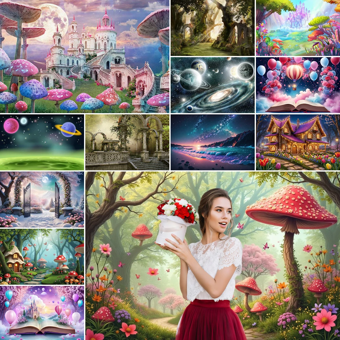 

MOON.QG Fairy Tale Forest Photography Backgrounds Plants Lawm Eif Houses Backdrop Baby Shower Girl Birthday Decoration Poster